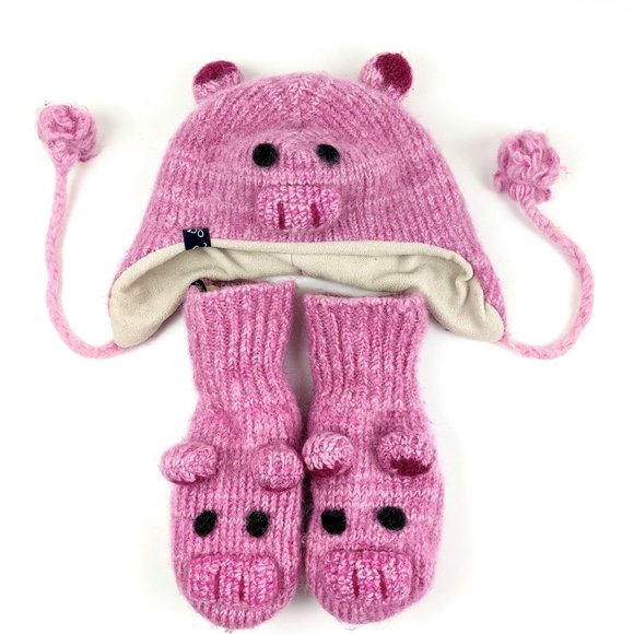 Yetilang Piglet Wool Mohair  Knitted Winter Hat and Mittens Set - Picture 3 of 16